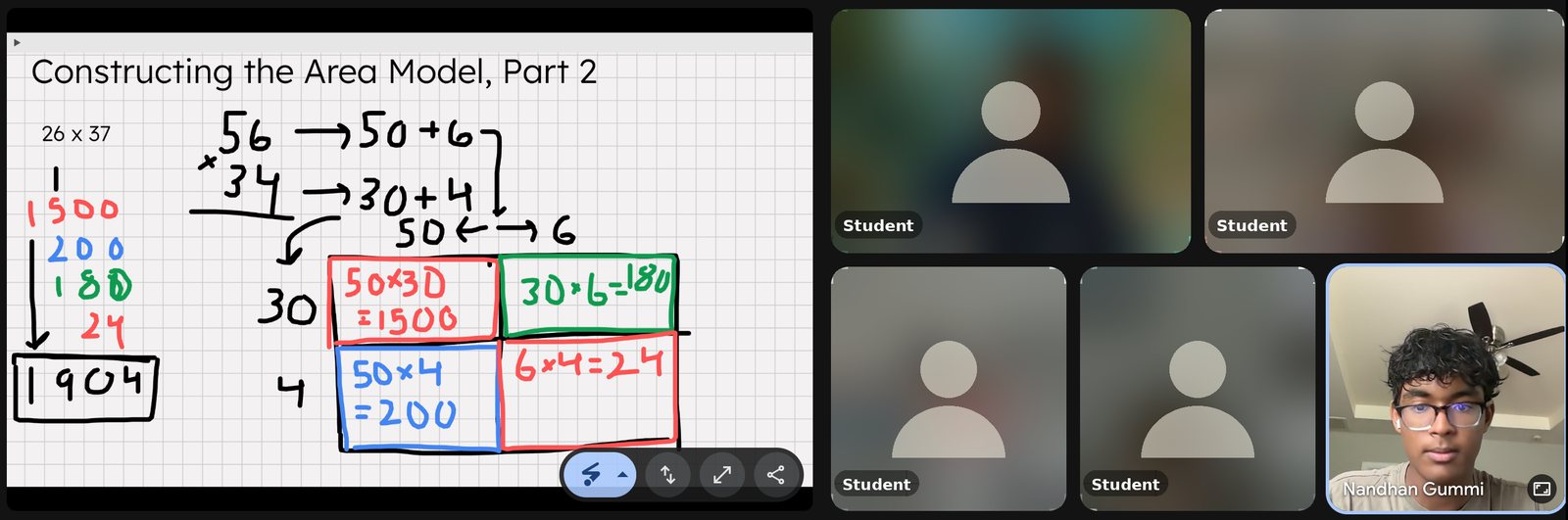 A Summer 2026 elementary math class on Google Meet. The instructor works through 56 times 34 with an area model on a shared whiteboard while four students follow along. Student cameras are blurred.