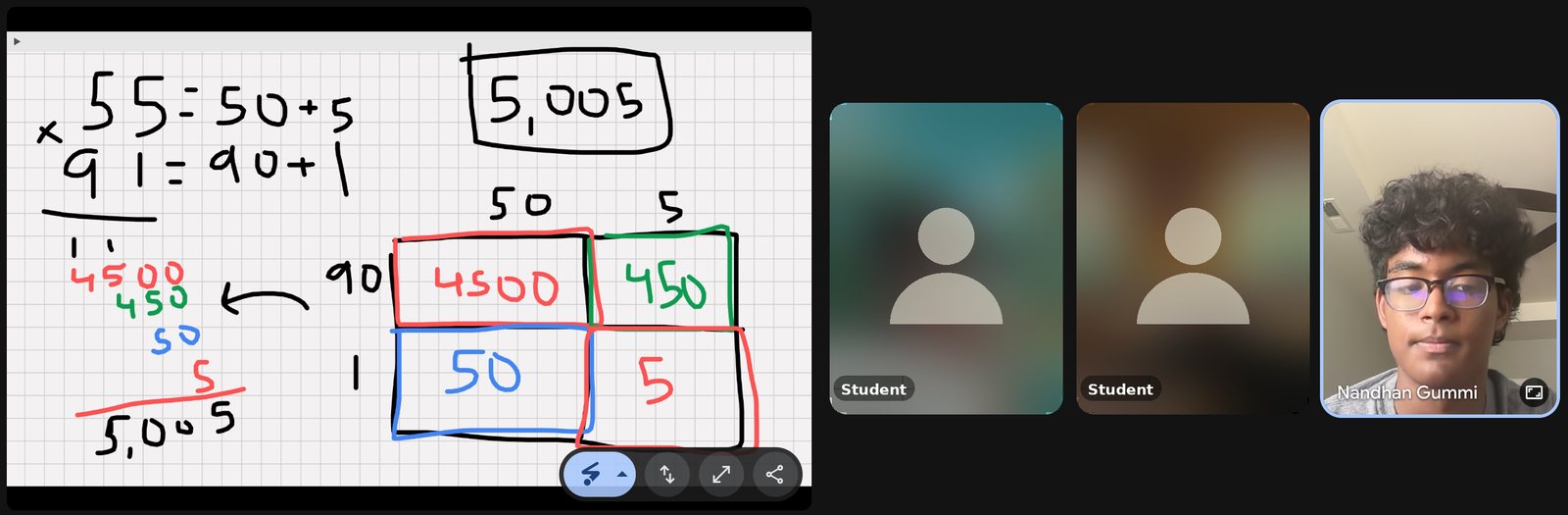 The instructor solves 55 times 91 with an area model while two students follow along. Student cameras are blurred.