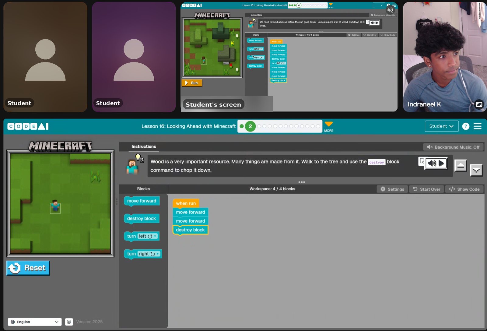 A Summer 2026 Computer Science session. A student shares a block-coding Minecraft lesson while the instructor follows along. Student cameras and names are hidden.