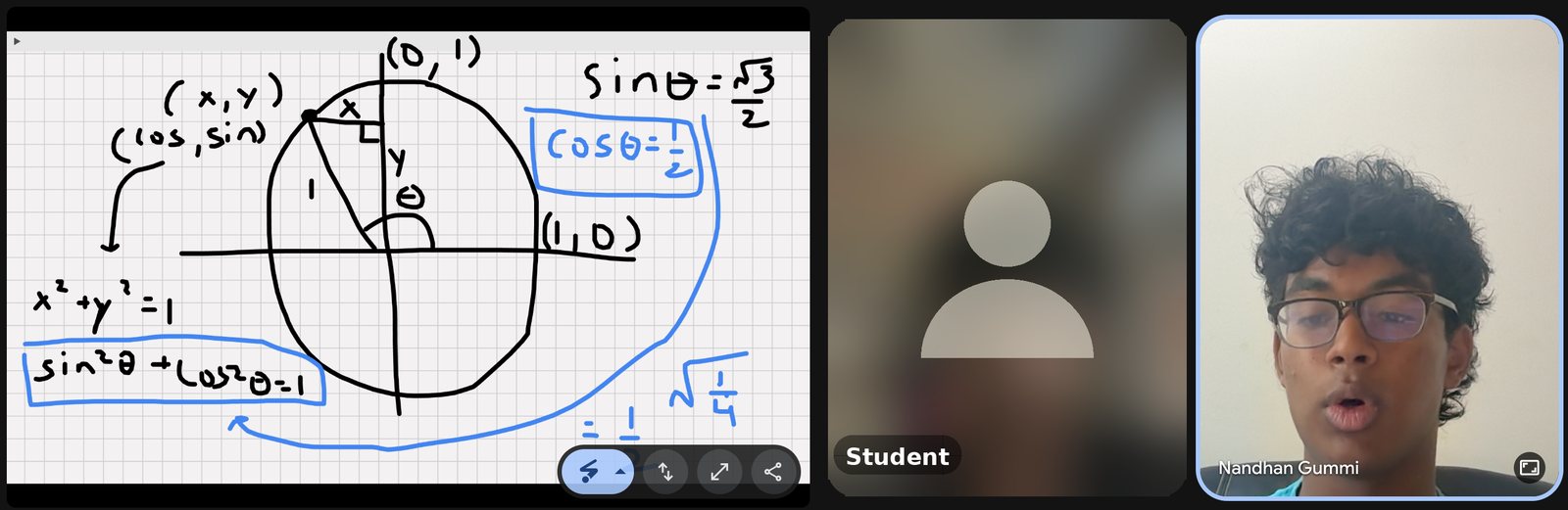 A one-on-one trigonometry session. The instructor explains the unit circle and the identity sine squared plus cosine squared equals one. The student camera is blurred.